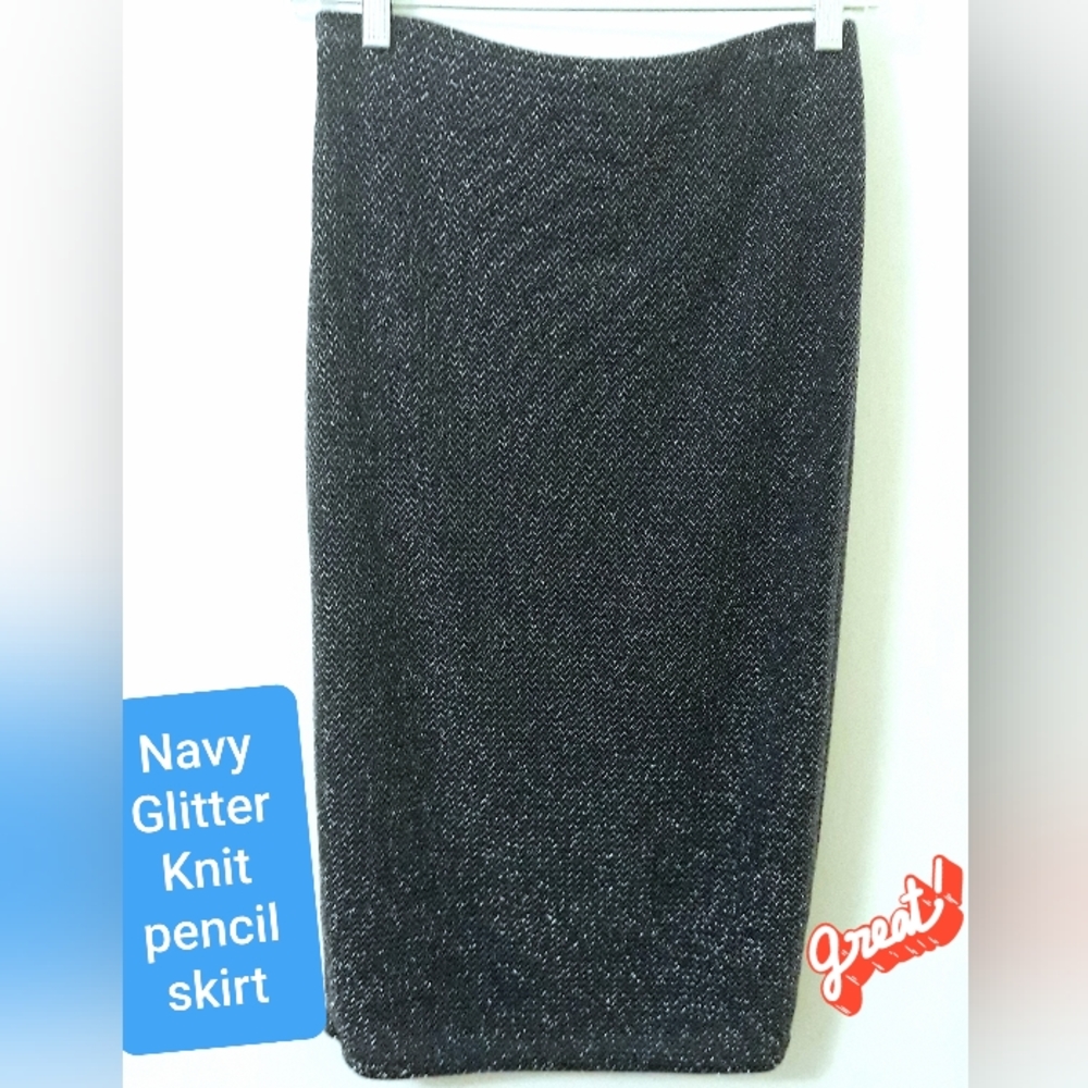 Navy Sparkly Silver Knit Pencil Skirt